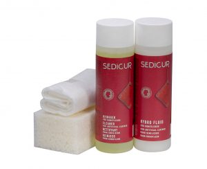SEDICUR® Kunstleder Pflege-Set mit Reiniger, Hydro Fluid, Schwamm und Pflegetuch für gründliche Reinigung und Pflege von Kunstlederoberflächen.