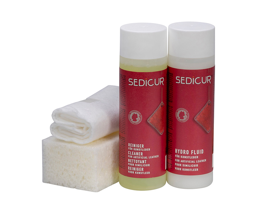 SEDICUR® Kunstleder Pflege-Set mit Reiniger, Hydro Fluid, Schwamm und Pflegetuch für gründliche Reinigung und Pflege von Kunstlederoberflächen.