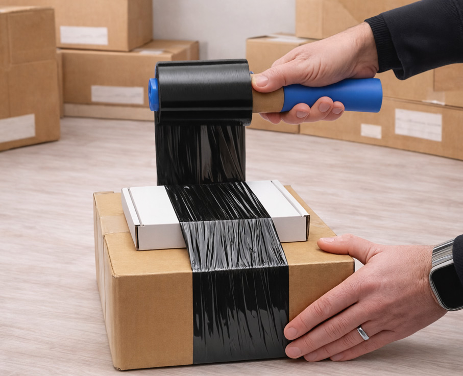 Mini Stretchfolie 100 mm schwarz – Anwendung beim Verpacken von Kartons