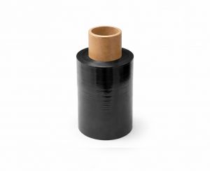 Einzelrolle schwarze Mini-Stretchfolie auf hellem Lagerboden