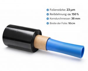 Schwarze Stretchfolie Minirolle 23 µm mit 100 mm Breite und 38 mm Kerndurchmesser