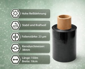 Schwarze Stretchfolie mit 23 µm Folienstärke, 150 m Länge, 100 mm Breite und 38 mm Kerndurchmesser