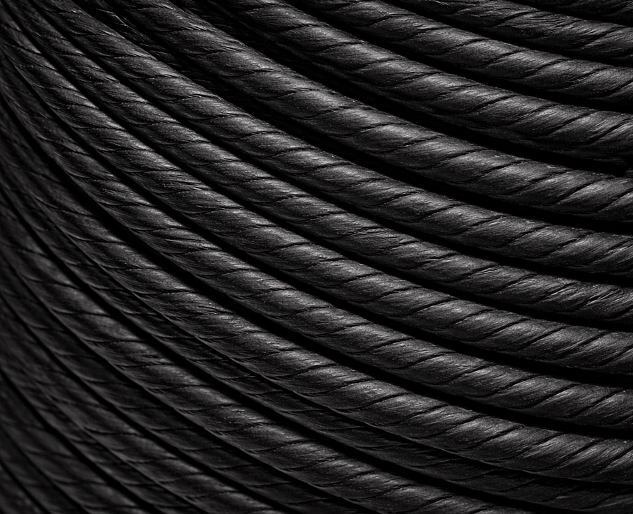 Makro-Detail der schwarzen dänischen Papierschnur – glatte, gedrehte Flechtschnur für Sitzflächen