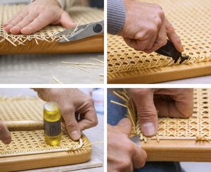 Mehrere Arbeitsschritte zur Reparatur eines Thonet Freischwinger Sitzes mit Wiener Geflecht – Stuhlflechtarbeit & Geflechtrestauration
