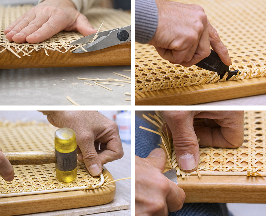 Mehrere Arbeitsschritte zur Reparatur eines Thonet Freischwinger Sitzes mit Wiener Geflecht – Stuhlflechtarbeit & Geflechtrestauration