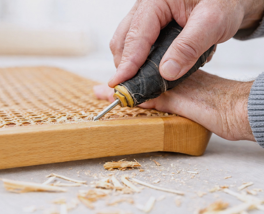 Handwerker arbeitet das Geflecht eines Thonet S32 S64 Stuhls mit Werkzeug sauber aus dem Holzrahmen aus